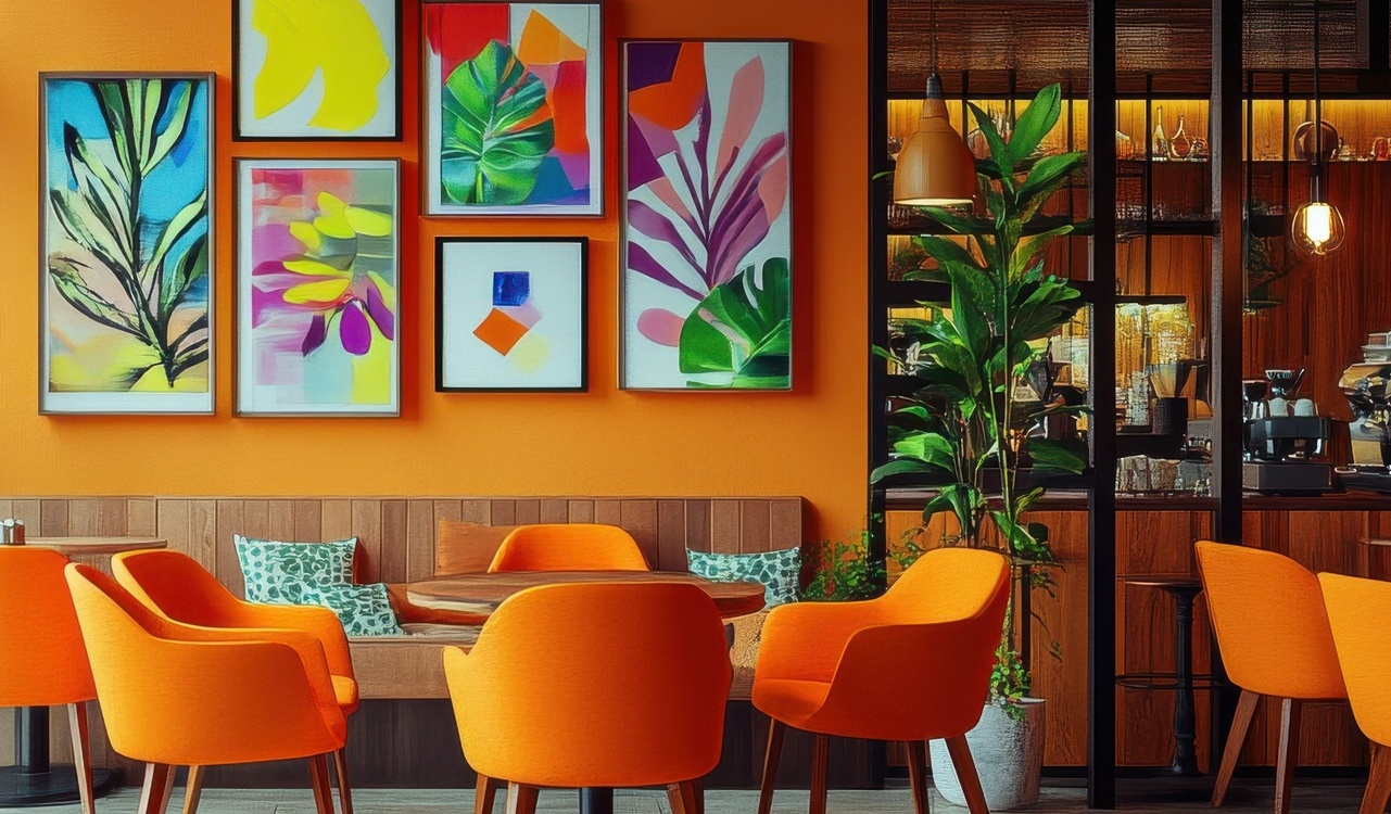 Stylish indoor cafe with vibrant orange chairs, colorful wall art, and soft natural light enhancing the cozy vibe.